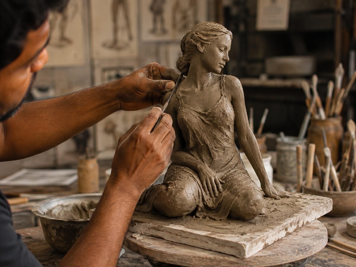 Sculptor hand-modelling a detailed figurative clay maquette with tools in an atelier