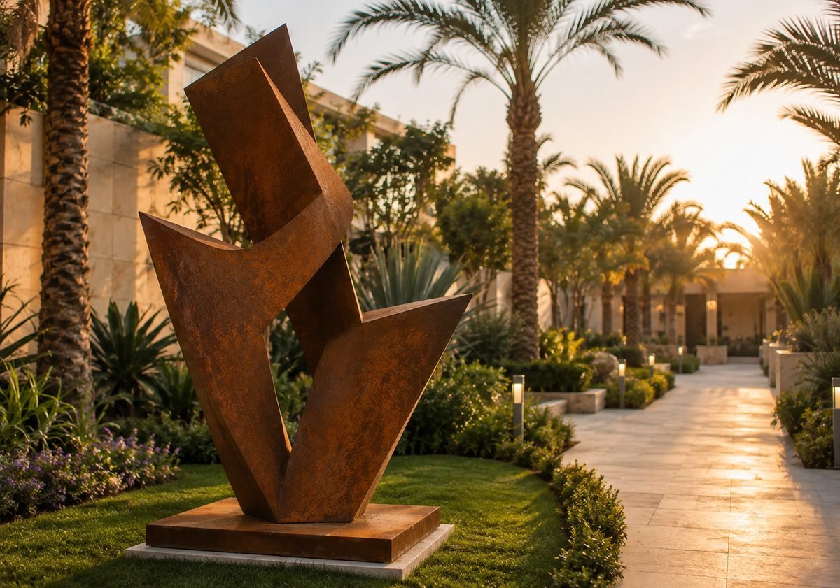 Rusted corten steel abstract sculpture in a landscaped villa garden at golden hour in the UAE