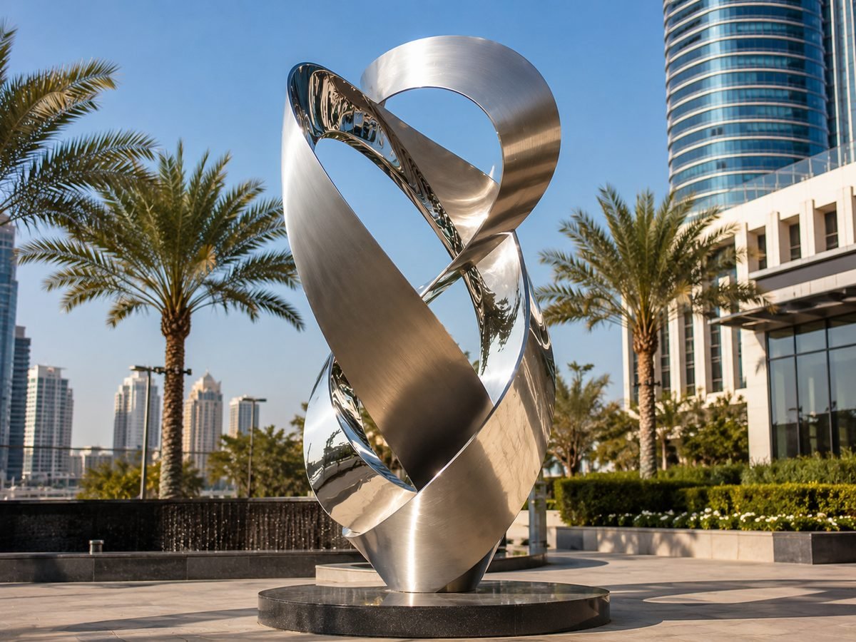 Tall abstract stainless steel monument in a landscaped public plaza with palms and towers in the UAE