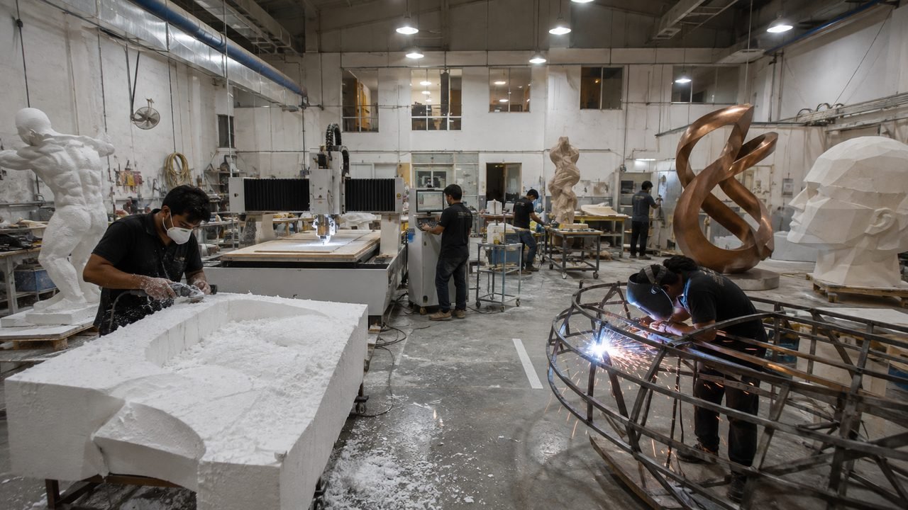 Sculpture fabrication workshop with CNC foam carving, welding and finished sculptures in the UAE