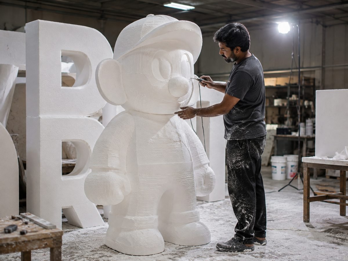 Craftsman hot-wire carving a large styrofoam character prop and giant foam letters in a Dubai workshop